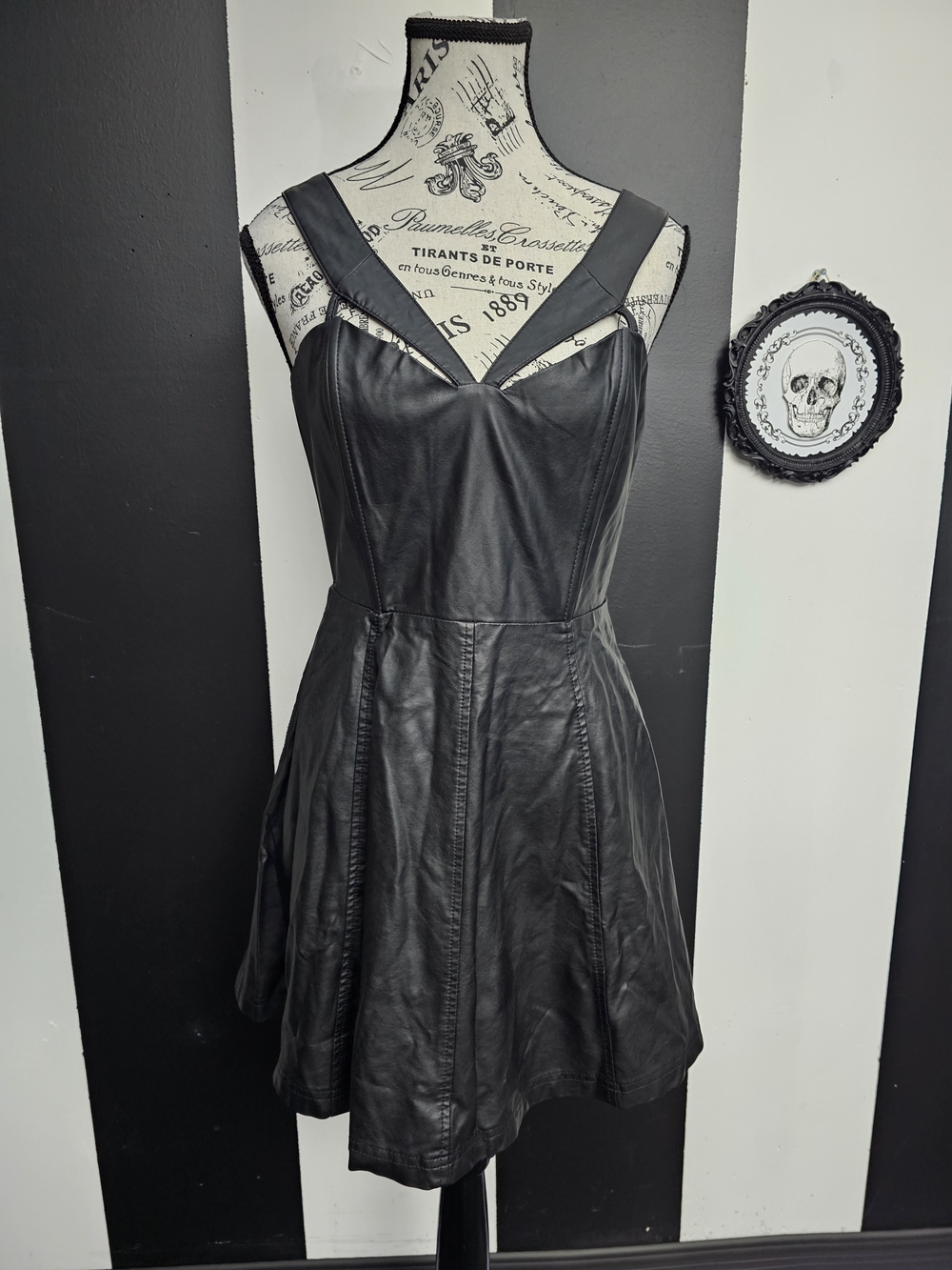 Cage Black Faux Leather Fit-and-Flare Mini Dress